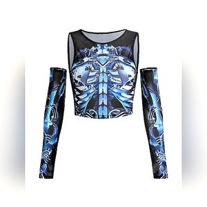 Sheer Skull Print Mesh Crop Top With Arm Sleeves Ravewear